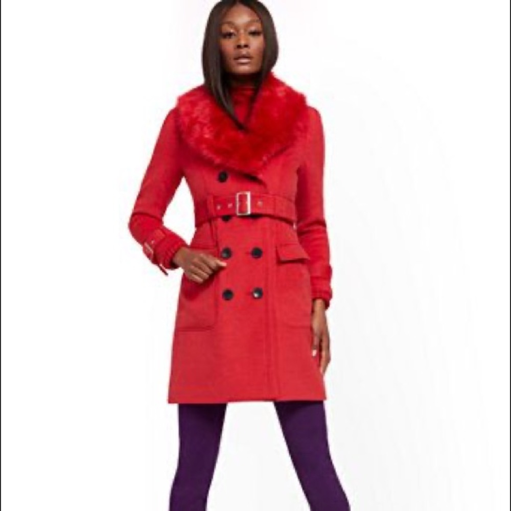 New & Company Red Belted Pea Coat with faux fur trim